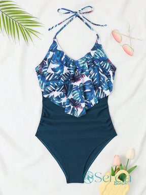 Maiô com Babado Superior e Estampa de Folhas Tropicais Maiô com Babado Superior e Estampa de Folhas Tropicais