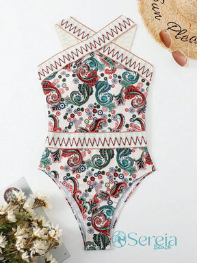 Maiô Estampado com Alça Transpassada no Pescoço Maiô Estampado com Alça Transpassada no Pescoço