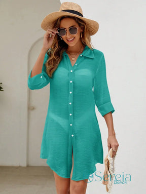 Saída de Praia Camisão com Botões e Manga 3/4 Saída de Praia Camisão com Botões e Manga 3/4