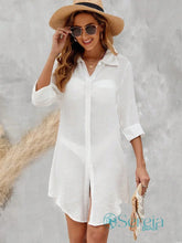 Saída de Praia Camisão com Botões e Manga 3/4 Branco / P Saída de Praia Camisão com Botões e Manga 3/4