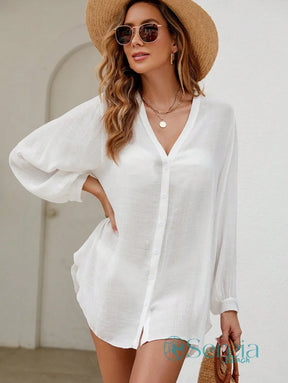 Saída de Praia Camisão Fluido com Botões Frontais Branco / P Saída de Praia Camisão Fluido com Botões Frontais