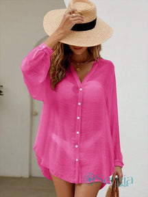 Saída de Praia Camisão Fluido com Botões Frontais Rosa / P Saída de Praia Camisão Fluido com Botões Frontais