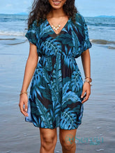 Saída de Praia Estampada com Decote em V e Elástico Azul / P Saída de Praia Estampada com Decote em V e Elástico