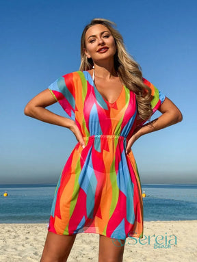 Saída de Praia Estampada com Decote em V e Elástico Laranja / P Saída de Praia Estampada com Decote em V e Elástico