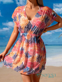 Saída de Praia Estampada com Decote em V e Elástico Rosa / P Saída de Praia Estampada com Decote em V e Elástico