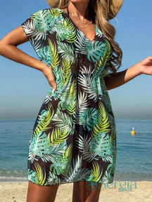 Saída de Praia Estampada com Decote em V e Elástico Verde / P Saída de Praia Estampada com Decote em V e Elástico