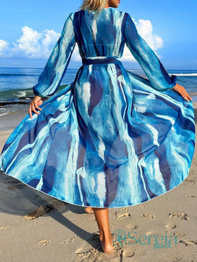 Saída de Praia Longa Estampada com Amarração Frontal Saída de Praia Longa Estampada com Amarração Frontal