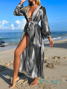 Saída de Praia Longa Estampada com Amarração Frontal Preto / P Saída de Praia Longa Estampada com Amarração Frontal