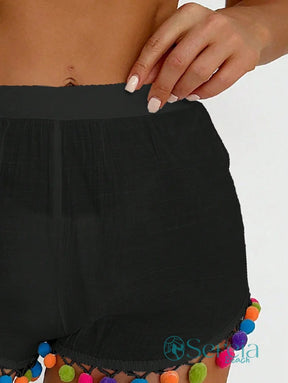 Saída de Praia Shorts Leve com Detalhes de Pompons Saída de Praia Shorts Leve com Detalhes de Pompons