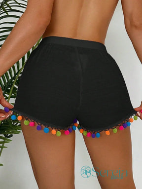 Saída de Praia Shorts Leve com Detalhes de Pompons Saída de Praia Shorts Leve com Detalhes de Pompons
