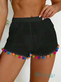 Saída de Praia Shorts Leve com Detalhes de Pompons Preto com arco-íris / P Saída de Praia Shorts Leve com Detalhes de