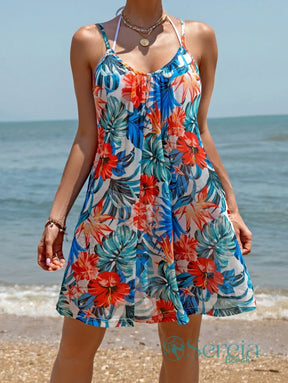 Saída de Praia Vestido Floral com Alças Finas Azul / P Saída de Praia Vestido Floral com Alças Finas